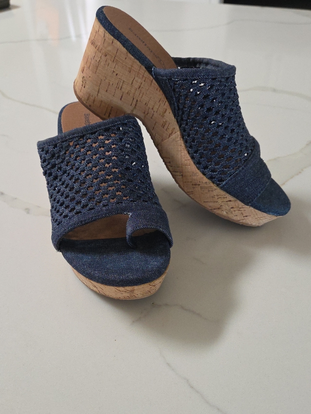 Baretraps Bethie Wedge, Denim Navy Woven Open-Toe Cork Wedge Mules